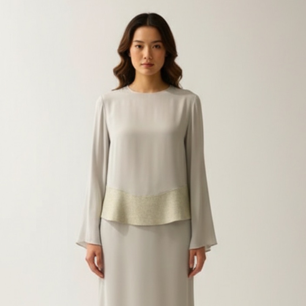Stunning‎ 100% Silk Light Grey JOSEPH Blouse w/ Wool Felt Detailing